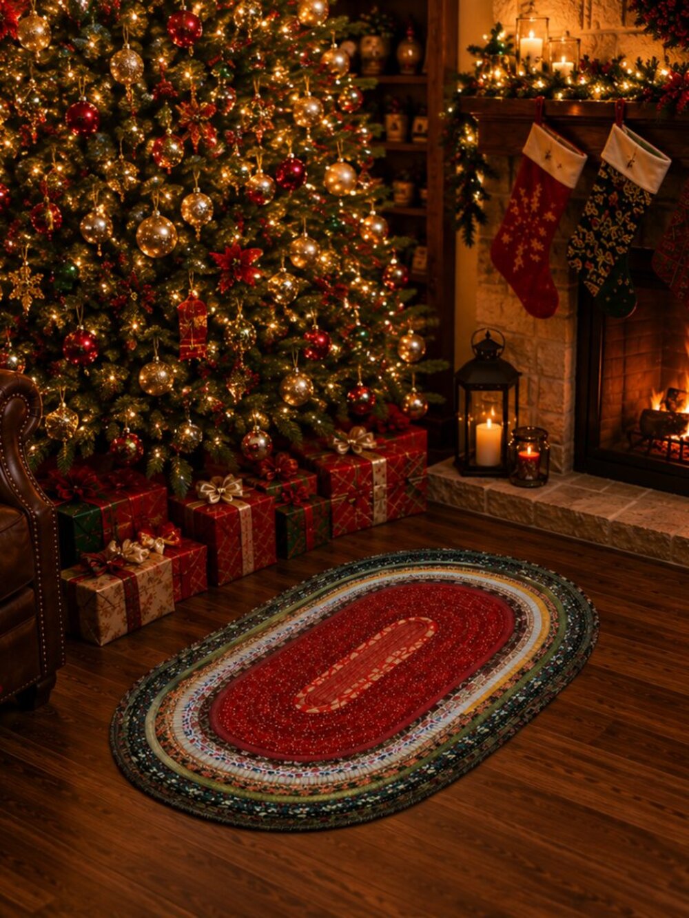 Christmas Jelly Roll Oval Rug in Traditional Christmas Colors